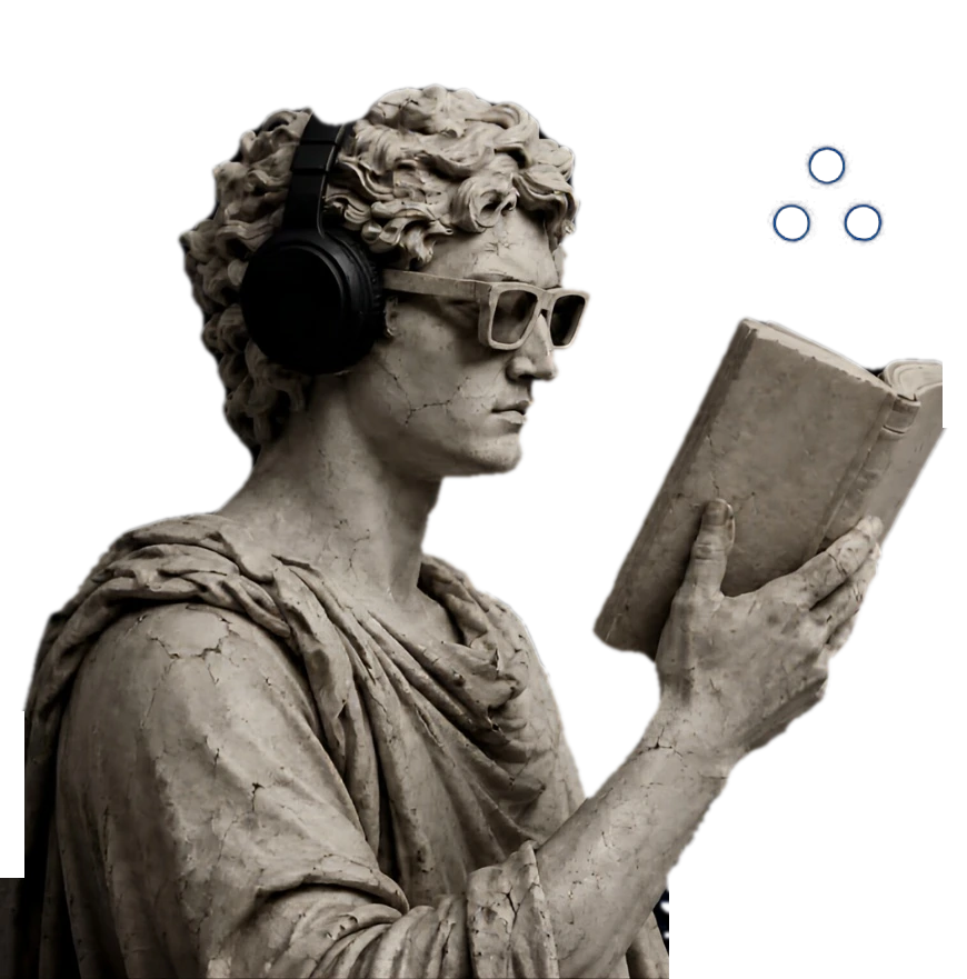 Classical statue wearing headphones and glasses, reading a book, representing OpenSky's blend of timeless judgment and modern AI